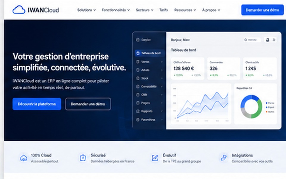 Capture du site IWANCloud présentant une solution ERP et de gestion d'entreprise