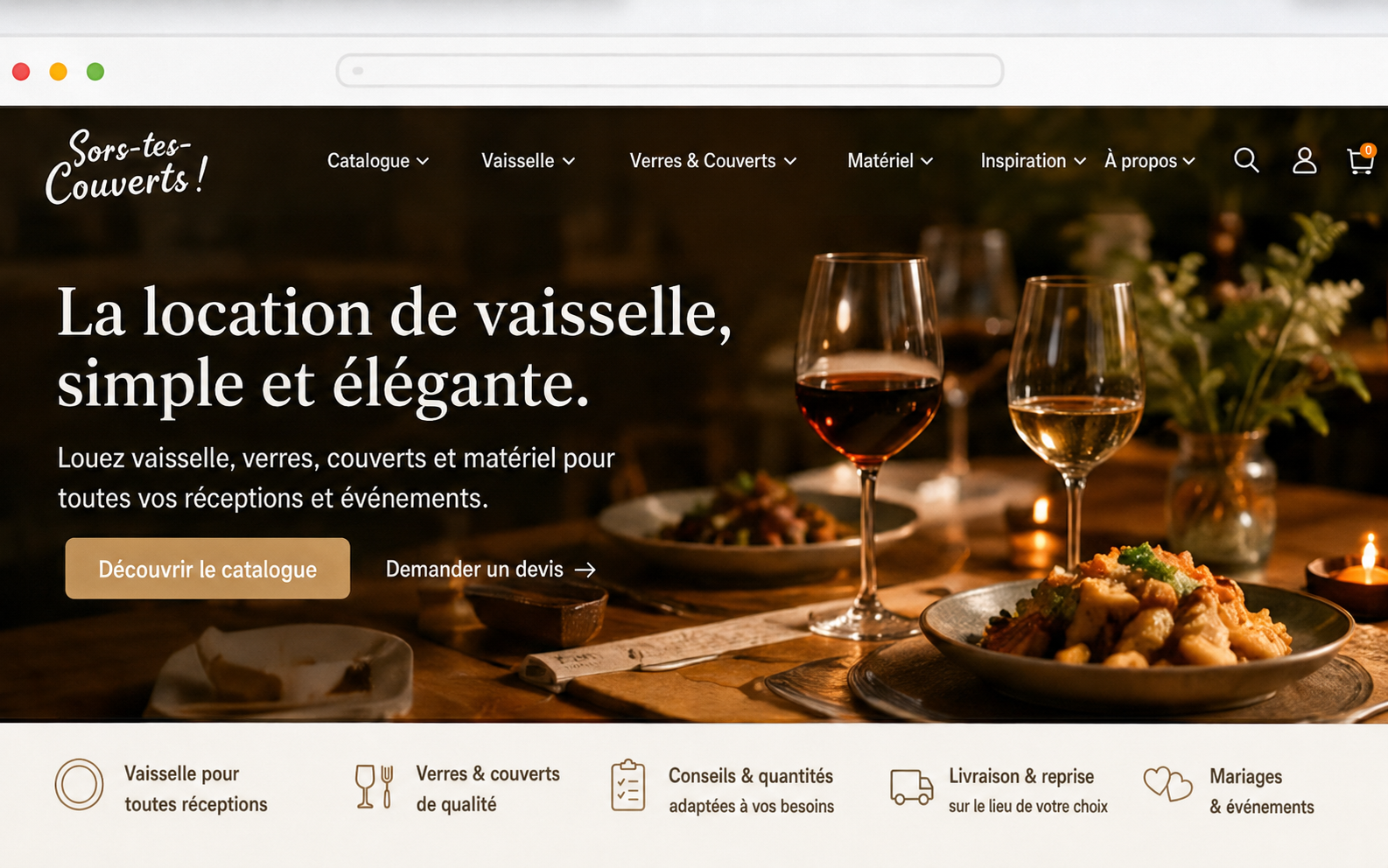 Capture du site Sors tes couverts réalisé par IWAN pour la location de vaisselle et de matériel de réception